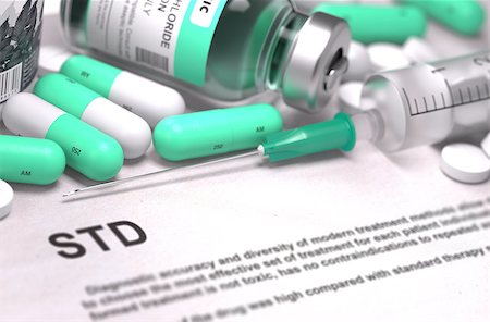 simsearch:400-08341383,k - STD - Sexually Transmitted Disease - Printed Diagnosis with Mint Green Pills, Injections and Syringe. Medical Concept with Selective Focus. 3D Render. Stock Photo - Budget Royalty-Free & Subscription, Code: 400-08505686