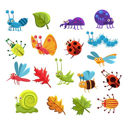 Insect And Leaves Collection Of Childish Characters Isolated Flat Colorful Vector Design On White Background Stock Photo - Budget Royalty-Free & Subscription, Code: 400-08505980