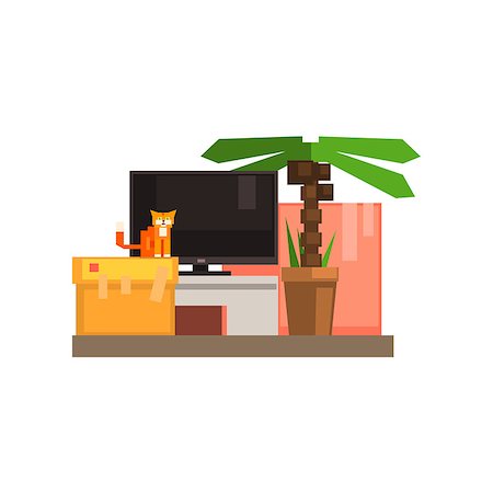picture of cat sitting on plant - Room Interior With TV And Cat 8-bit Abstract Primitive Flat Vector Illustration On White Background Stock Photo - Budget Royalty-Free & Subscription, Code: 400-08506000