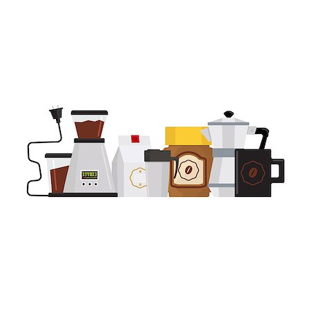 Coffee Accessories Set With Kettle Lined Horizontally Primitive Style Flat Vector Drawing Stock Photo - Budget Royalty-Free & Subscription, Code: 400-08506029