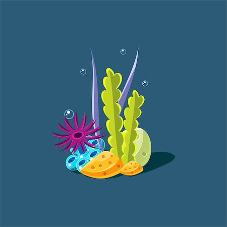 Algae And Coral Cute Cartoon Style Vector Illustration On Dark Blue Background Foto de stock - Super Valor sin royalties y Suscripción, Código: 400-08506118