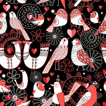 simsearch:400-07933418,k - Graphic seamless pattern with birds in love hearts on a dark background Photographie de stock - Aubaine LD & Abonnement, Code: 400-08506146