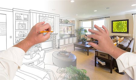 simsearch:400-08498867,k - Male Hands Drawing Custom Living Room Design Gradating Into Photograph. Foto de stock - Super Valor sin royalties y Suscripción, Código: 400-08506288