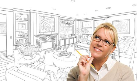simsearch:400-08254335,k - Woman With Pencil Over Custom Living Room Design Drawing. Fotografie stock - Microstock e Abbonamento, Codice: 400-08506300