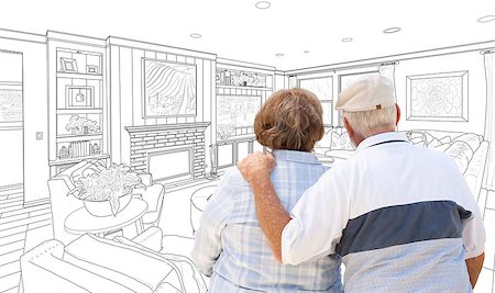 simsearch:400-08772366,k - Curious Senior Couple Looking Over Custom Living Room Design Drawing. Stock Photo - Budget Royalty-Free & Subscription, Code: 400-08506302
