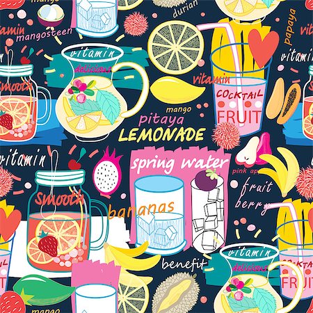 durião - Seamless pattern of various fruit drinks and fruit on a dark background Foto de stock - Royalty-Free Super Valor e Assinatura, Número: 400-08506316