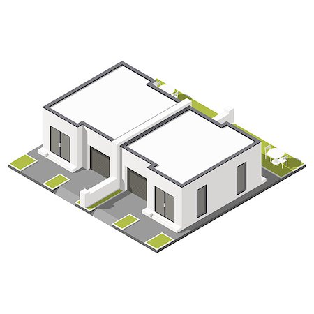 simsearch:400-08506414,k - One storey connected cottage with flat roof for two families isometric icon set vector grpahic illustration Foto de stock - Royalty-Free Super Valor e Assinatura, Número: 400-08506390