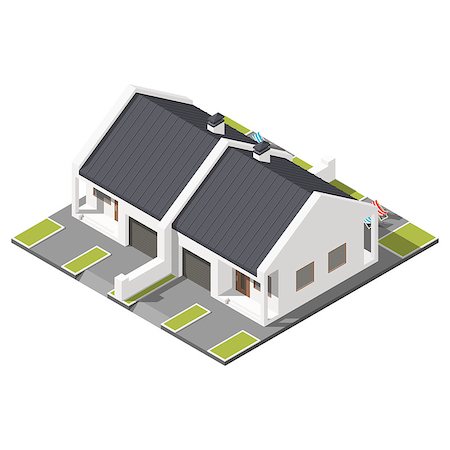 simsearch:400-08506414,k - One storey connected cottage with slant roof for two families isometric icon set vector grpahic illustration Foto de stock - Royalty-Free Super Valor e Assinatura, Número: 400-08506392