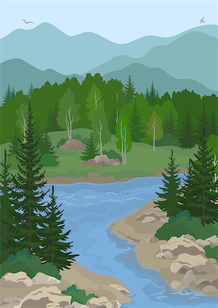 simsearch:400-04412215,k - Summer Mountain Landscape with Blue River, Green Fir, Birch Trees and Bushes on the Rocky Shore and Birds in the Sky. Photographie de stock - Aubaine LD & Abonnement, Code: 400-08506548