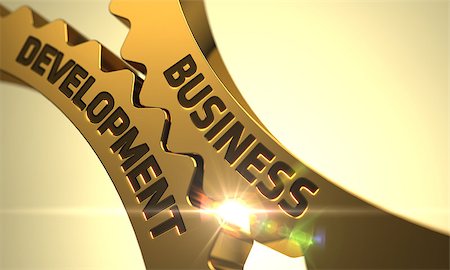 simsearch:400-08508160,k - Business Development - Technical Design. Business Development Golden Cogwheels. Business Development - Industrial Illustration with Glow Effect and Lens Flare. 3D. Stockbilder - Microstock & Abonnement, Bildnummer: 400-08506871