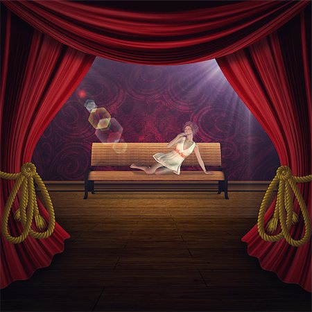 simsearch:400-08507512,k - Vintage background with woman on theater stage with curtains. Fotografie stock - Microstock e Abbonamento, Codice: 400-08506974