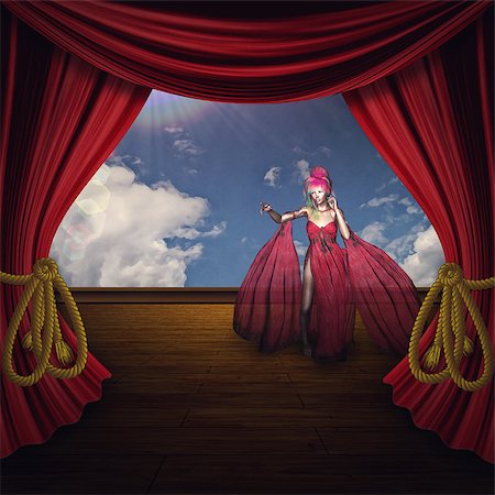 simsearch:400-08507512,k - Vintage background with woman on theater stage with curtains. Fotografie stock - Microstock e Abbonamento, Codice: 400-08506975