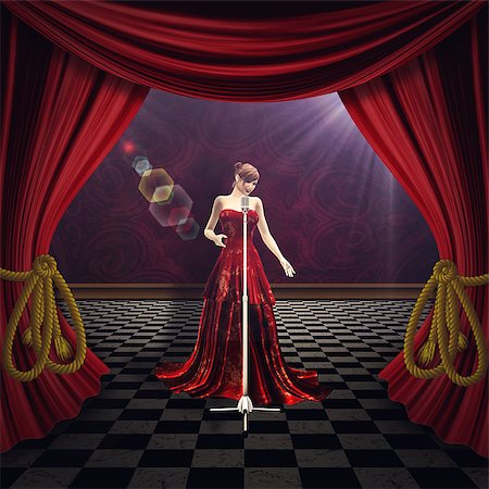 simsearch:400-08507512,k - Vintage background with woman on theater stage with curtains. Fotografie stock - Microstock e Abbonamento, Codice: 400-08506973