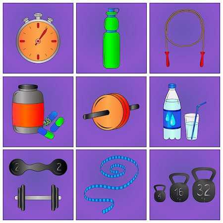 Set of nine colorful fitness icons purple background Stock Photo - Budget Royalty-Free & Subscription, Code: 400-08507163