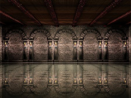 Dark medieval castle hall with columns and torches. Stock Photo - Budget Royalty-Free & Subscription, Code: 400-08507500