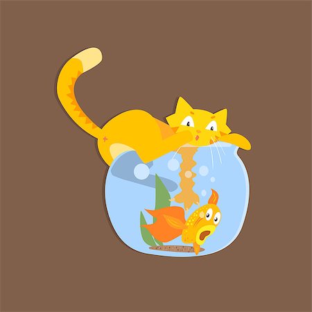 Cat Catshing Fish In Aquarium Funny Flat Vector Illustration In Creative Applique Style Stock Photo - Budget Royalty-Free & Subscription, Code: 400-08507670