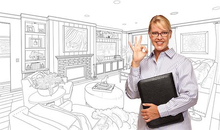 simsearch:400-08254335,k - Woman with Okay Sign Over Custom Bedroom Drawing. Fotografie stock - Microstock e Abbonamento, Codice: 400-08507724