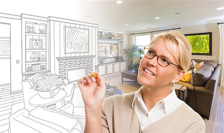 simsearch:400-08254335,k - Woman With Pencil Over Living Room Design Drawing and Photo Combination. Fotografie stock - Microstock e Abbonamento, Codice: 400-08507722