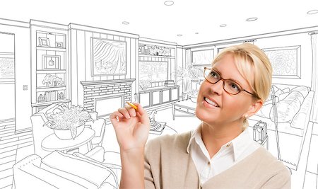 simsearch:400-08254335,k - Woman With Pencil Over Custom Living Room Design Drawing. Fotografie stock - Microstock e Abbonamento, Codice: 400-08507723