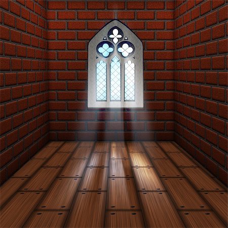 simsearch:400-08615330,k - Illustration of brick wall interior with wood floor and gothic window. Stock Photo - Budget Royalty-Free & Subscription, Code: 400-08507816