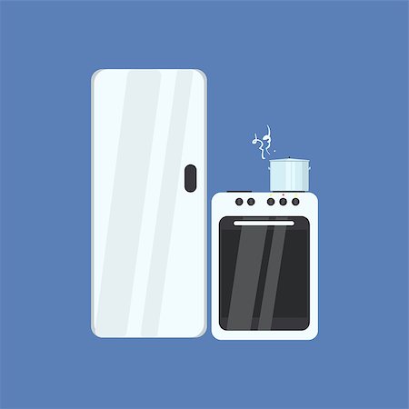 pan to the fire - Fridge And Stove Primitive Graphic Style Flat Vector Icon On Blue Background Stock Photo - Budget Royalty-Free & Subscription, Code: 400-08508017