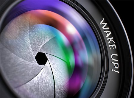 simsearch:400-04801462,k - Wake Up - Concept on Lens of Camera with Colored Lens Reflection, Closeup. Wake Up Written on SLR Camera Lens with Shutter. Colorful Lens Reflections. Closeup View. 3D. Stock Photo - Budget Royalty-Free & Subscription, Code: 400-08508288