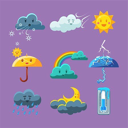 freezing thermometer - Childish Weather Set Of Flat Vector Cartoon Style Isolated Cute Girly Drawings On Light Blue Background Stock Photo - Budget Royalty-Free & Subscription, Code: 400-08508339