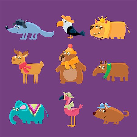 Cute Animals Collection Of Flat Vector Cartoon Style Isolated Cute Girly Drawings On Purple Background Stock Photo - Budget Royalty-Free & Subscription, Code: 400-08508331