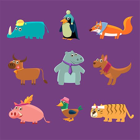 simsearch:400-08507283,k - Adorable Animals Collection Of Flat Vector Cartoon Style Isolated Cute Girly Drawings On Purple Background Fotografie stock - Microstock e Abbonamento, Codice: 400-08508332