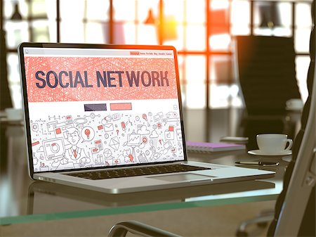 Social Network Concept - Closeup on Landing Page of Laptop Screen in Modern Office Workplace. Toned Image with Selective Focus. 3D Render. Stock Photo - Budget Royalty-Free & Subscription, Code: 400-08508710