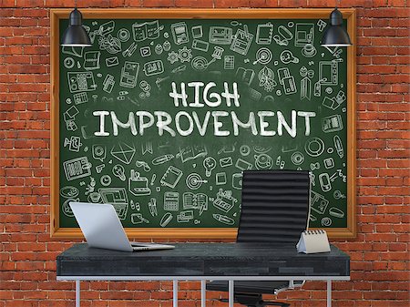 simsearch:400-07338798,k - High Improvement Concept Handwritten on Green Chalkboard with Doodle Icons. Office Interior with Modern Workplace. Red Brick Wall Background. 3D. Stock Photo - Budget Royalty-Free & Subscription, Code: 400-08508775