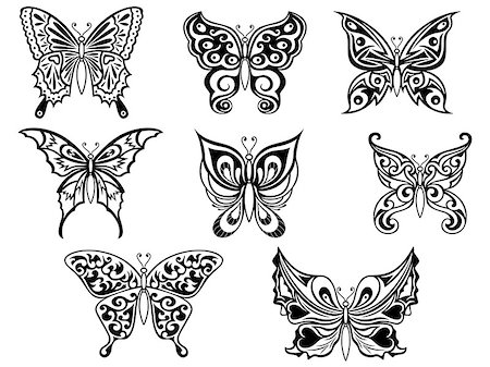simsearch:400-05887739,k - Set of eight ornamental black butterflies on the white background, hand drawing vector artworks Stock Photo - Budget Royalty-Free & Subscription, Code: 400-08508889
