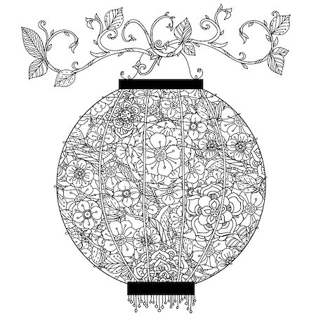 Oriental lantern decorated with floral patterns Zentangle interpretation. Black and white. Vector illustration. The best for your design, textiles, posters, coloring book Stock Photo - Budget Royalty-Free & Subscription, Code: 400-08500158