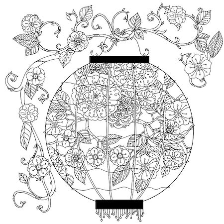 Oriental lantern decorated with floral patterns Zentangle interpretation. Black and white. Vector illustration. The best for your design, textiles, posters, coloring book Stock Photo - Budget Royalty-Free & Subscription, Code: 400-08500159