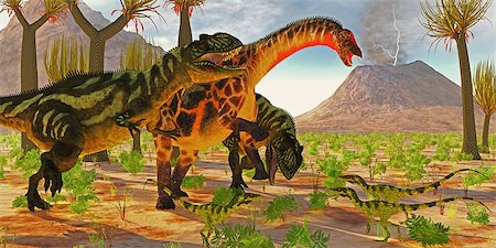 simsearch:400-08694325,k - Yangchuanosaurus dinosaurs try to take down a Dicraeosaurus sauropod as three Juravenator reptiles watch. Foto de stock - Super Valor sin royalties y Suscripción, Código: 400-08500619