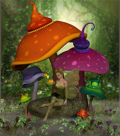 fairyland - Fairy Daina relaxes on a rock surrounded by colorful fantasy mushrooms and flowers in the magical forest. Stock Photo - Budget Royalty-Free & Subscription, Code: 400-08500624