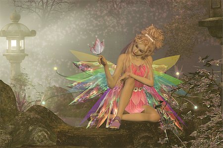simsearch:400-08134666,k - A small fairy with wings waits as a pink butterfly lands on her finger in a magical woodland forest. Fotografie stock - Microstock e Abbonamento, Codice: 400-08500625