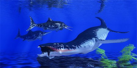 simsearch:400-04697365,k - An Ichthyosaur becomes prey for an enormous Liopleurodon marine reptile in Jurassic Seas. Foto de stock - Super Valor sin royalties y Suscripción, Código: 400-08500633