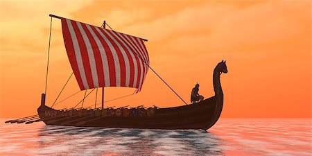 escaler - A Viking longboat sails through ocean calm waters to their destinations for trade goods. Foto de stock - Royalty-Free Super Valor e Assinatura, Número: 400-08500644