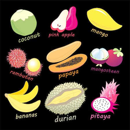 durião - Graphic color set of exotic fruits on a dark background. Vector illustration. Foto de stock - Royalty-Free Super Valor e Assinatura, Número: 400-08500872