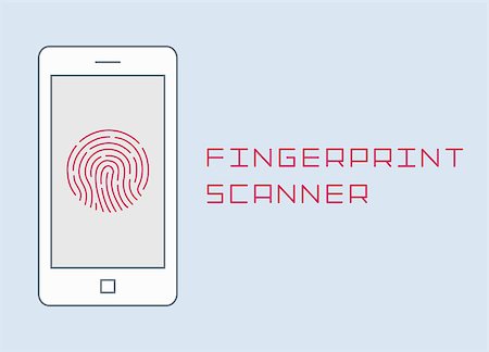 Fingerprint scanning on smartphone vector flat design thin line illustration. mobile phone finger  identification isolated on white simple Stock Photo - Budget Royalty-Free & Subscription, Code: 400-08500887