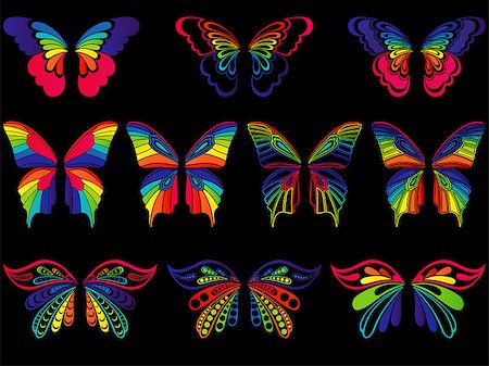 simsearch:400-08812580,k - Set of ten motley colourful ornamental wings of butterflies isolated on the black background, vector artwork Stock Photo - Budget Royalty-Free & Subscription, Code: 400-08500880