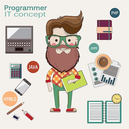 Programmer with glasses, a beard and a laptop. programmer on the background of things for the programmer, Java, Css, HTML Photographie de stock - Aubaine LD & Abonnement, Code: 400-08501160