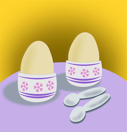 simsearch:400-08114943,k - Two eggs in egg cups, with decoration, and two teaspoons Stock Photo - Budget Royalty-Free & Subscription, Code: 400-08501387