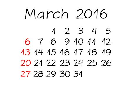 Handwritten Calendar March Year 2016 with marker on white. Stock Photo - Budget Royalty-Free & Subscription, Code: 400-08501525