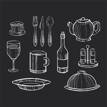 drawn fork and knife - Hand drawn set of kitchen utensils on a chalkboard background Stock Photo - Budget Royalty-Free & Subscription, Code: 400-08501666