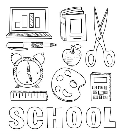 Back to School Supplies Sketchy Hand-Drawn Vector Illustration Design Elements Foto de stock - Super Valor sin royalties y Suscripción, Código: 400-08501663