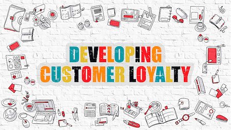 simsearch:400-07819447,k - Multicolor Concept - Developing Customer Loyalty - on White Brick Wall with Doodle Icons Around. Modern Illustration with Doodle Design Style. Stock Photo - Budget Royalty-Free & Subscription, Code: 400-08501856