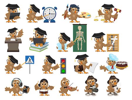 Big set owl teacher. Cartoon bird teacher. Isolated on white vector illustration Stock Photo - Budget Royalty-Free & Subscription, Code: 400-08501963