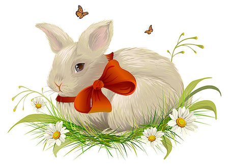 simsearch:400-06073581,k - Cute rabbit with bow sitting on grass. Easter rabbit with red ribbon. Isolated on white vector illustration Foto de stock - Royalty-Free Super Valor e Assinatura, Número: 400-08502053